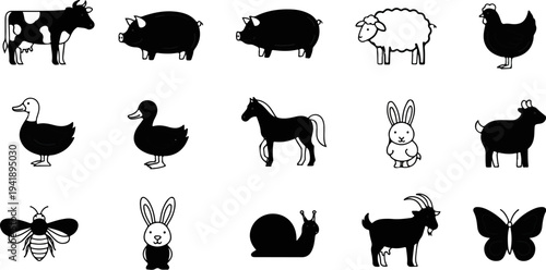 A collection of farm and garden animals and insects in silhouette