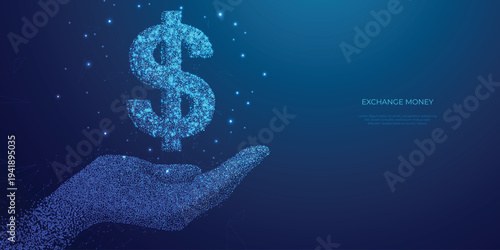 Abstract money exchange. Two hands holding digital coin with circular arrows. Cashback or cash return metaphor. Money transfer or return. Low poly vector illustration with 3D effect on blue background