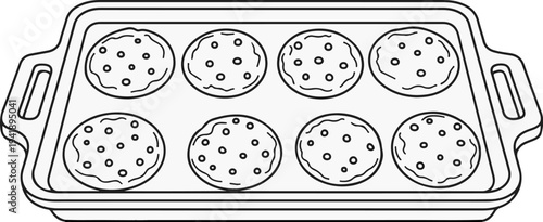 A baking tray with eight round cookies, each with small circles