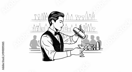 A bartender in a tuxedo shakes a cocktail at a bar