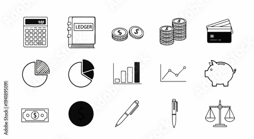 A collection of financial icons calculator, ledger, coins, credit cards, graphs