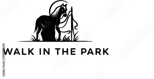 A black silhouette of a horse tied with a rope in grassy area