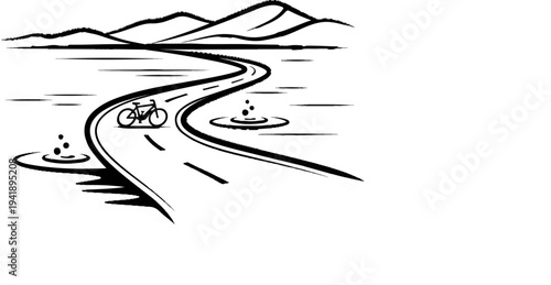 A bicycle on a winding road with distant mountains and water ripples