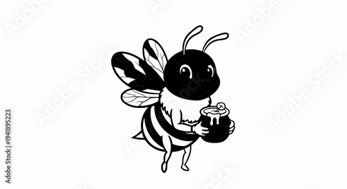 A cute black and white cartoon bee holding a small pot of dripping honey