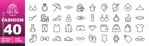 Fashion and Beauty Accessories Icons. Editable stroke icons for lifestyle and apparel. Featuring rings, umbrellas, makeup, neckties, earrings, perfumes, wallets, watches, and clothing symbols for app