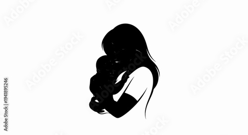 A black silhouette of a mother holding her baby against a white background