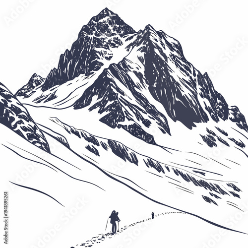 Hikers on path to snowy mountain peak with glaciers