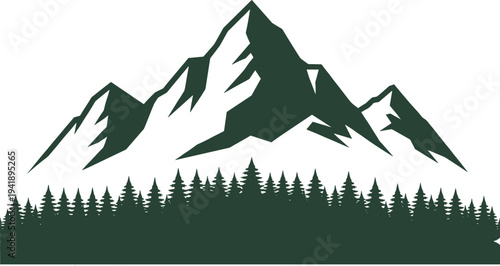 Stylized mountain range vector illustration with jagged snowy peaks and dense coniferous forest silhouette for outdoor adventure design