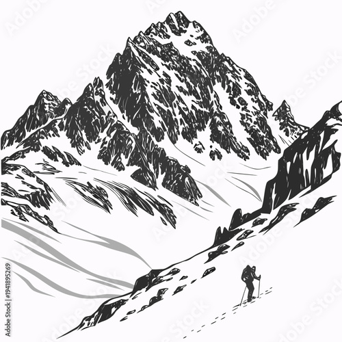 Large polar snow mountain with rugged ice ridges and a hiker