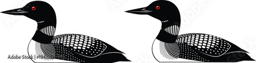 Two Stylized Black and White Loon Birds with Red Eyes for Wildlife and Nature Designs