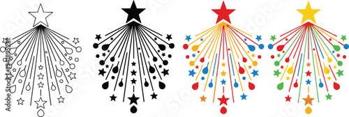 Stylized vector illustration of starburst designs in monochrome and colorful variations for creative graphic projects