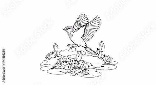 A bird lands gracefully amidst blooming water lilies and pads