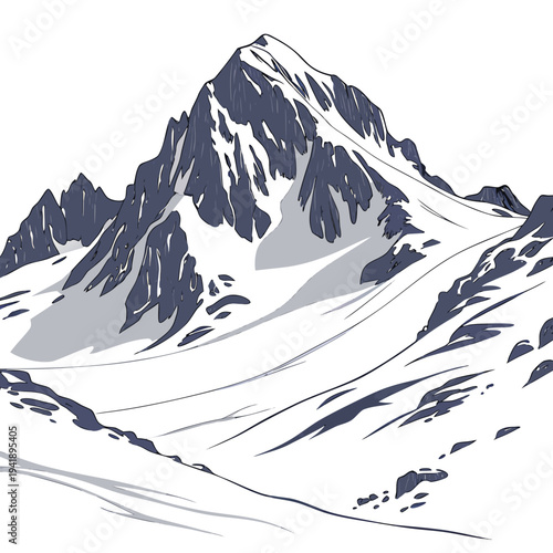 Snowy mountain peak with dark blue rocky outcrops and white snow