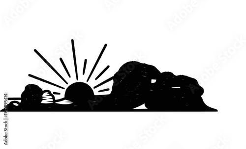 A black silhouette depicts a rising sun with radiating lines, partially obscured by clouds