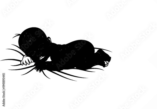 A black silhouette of a baby sleeping on a white pillow