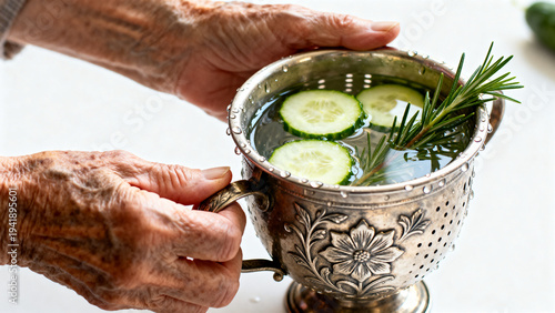 Elder hands holding vintage silver mug with cucumber and rosemary infusion, heritage wellness and ritual