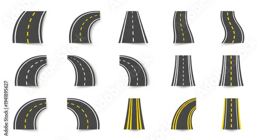 Collection of Road Sections with Yellow Lines and Asphalt Texture.