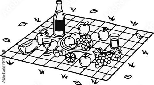 A black and white drawing of a picnic spread with fruit, drinks, and a checkered blanket