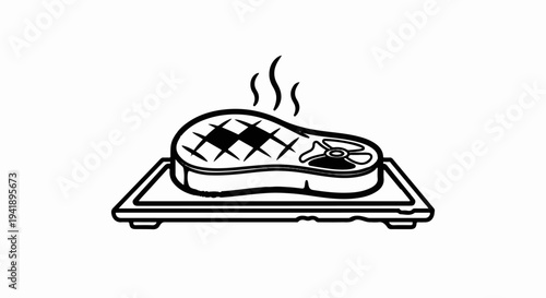 A black and white illustration of a grilled steak with visible grill marks