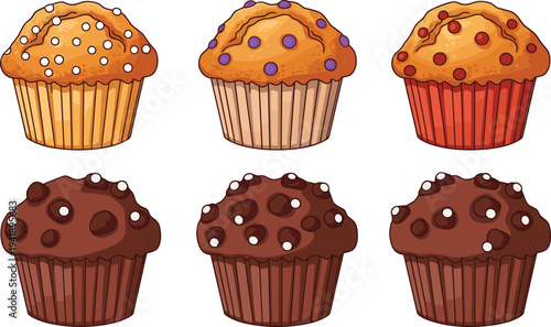 Vector Collection of Six Muffins Featuring Colorful Sprinkles and Chocolate Chip Variations for Culinary Concepts
