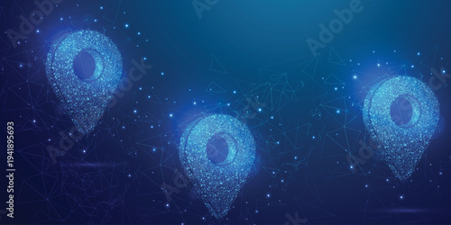 Abstract technology pin on hand. Location and GPS concept. Digital one pin icon hologram and human palm. Low poly wireframe vector illustration in futuristic style with golden glitter.