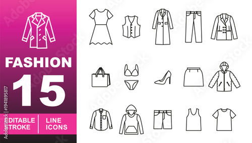 Fashion and Apparel Garment Icons. Editable stroke icons for clothing and style. Featuring dresses, vests, coats, trousers, jackets, handbags, lingerie, skirts, hoodies, and shirts for app UI design