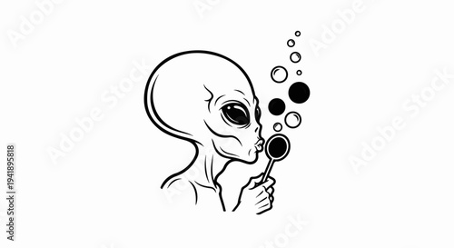 A black and white drawing of an alien blowing bubbles with a wand