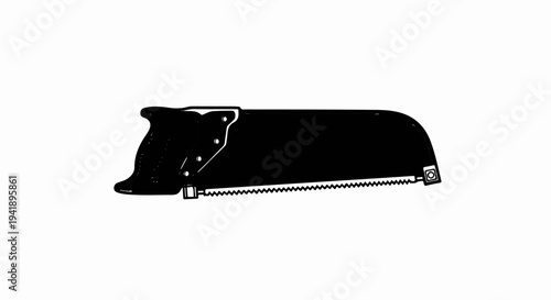 A black and white illustration of a handsaw with a curved handle and metal blade