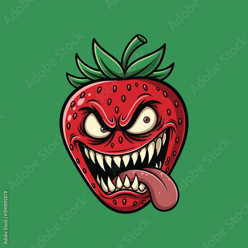 Foto Cartoon strawberry with an angry monstrous face and sharp teeth sticks out its t
