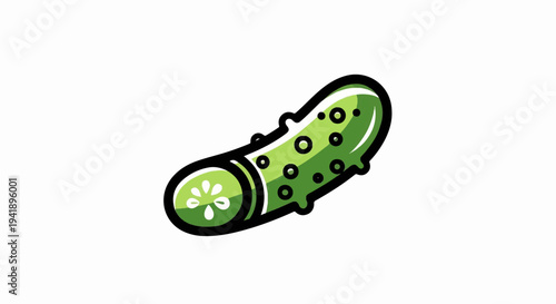 A cartoon-style green pickle with a slice on the left, featuring seeds and bumpy skin