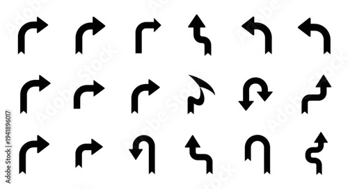 Collection of Black Arrow Icons with Various Directions and Shapes.