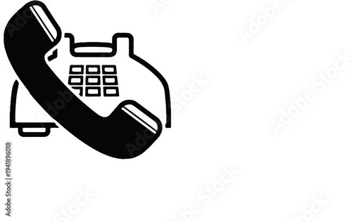 A black and white graphic depicts a rotary telephone with its receiver off the hook