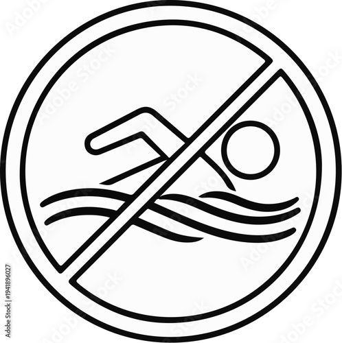 A circular sign with a diagonal line prohibits swimming in wavy water
