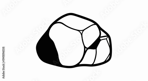 A black and white graphic illustration of a cluster of polygon shapes forming a rough sphere