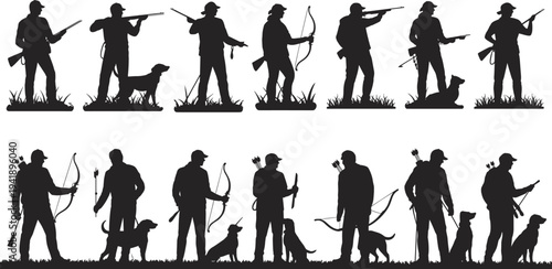 Silhouettes of hunters with rifles and bows accompanied by dogs in a natural setting arrows