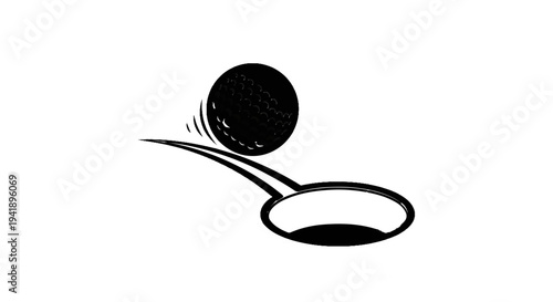 A black and white graphic of a golf ball in motion towards a hole