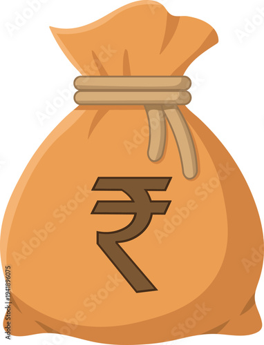Brown money bag with Indian rupee symbol flat vector illustration