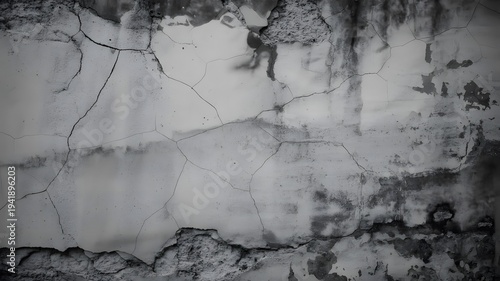 Gritty black and white texture captures severe deterioration on an old exterior wall showing deep fissures and dark.