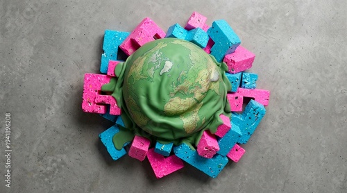 Colorful globe surrounded by pink and blue blocks on grey surface  