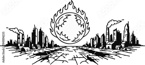 A city skyline with factories under a fiery, exploding sun