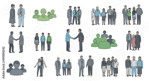 Diverse group of people in various interactions and gatherings.