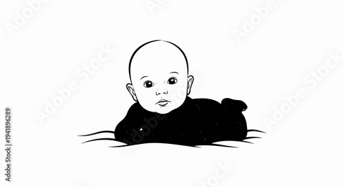 A black and white illustration of a bald baby lying on its stomach