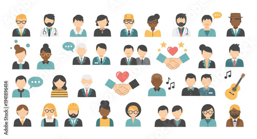 Diverse group of people avatars representing various professions and relationships.
