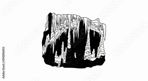 A black and white illustration of a cave with stalactites and stalagmites