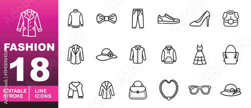 Fashion and Apparel Line Icons. Editable stroke icons for clothing and accessories. Featuring sweaters, bow ties, trousers, sneakers, jackets, dresses, handbags, scarves, and necklaces for app UI 