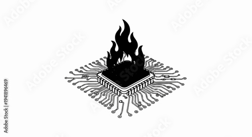 A black and white illustration of a central processing unit emitting flames