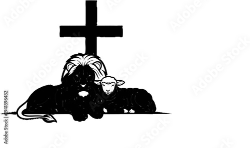 A black and white illustration of a lion and lamb resting beneath a cross