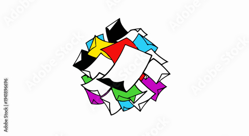 A chaotic pile of colorful, crumpled papers on a white background