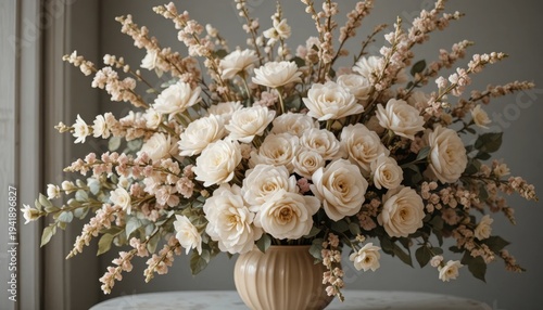 Large Flower Arrangement With White Roses and Other Flowers in a Vase on a Table in a Indoor Space