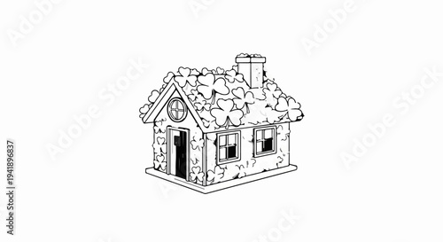 A charming, cartoonish house adorned with shamrocks, featuring windows and a door